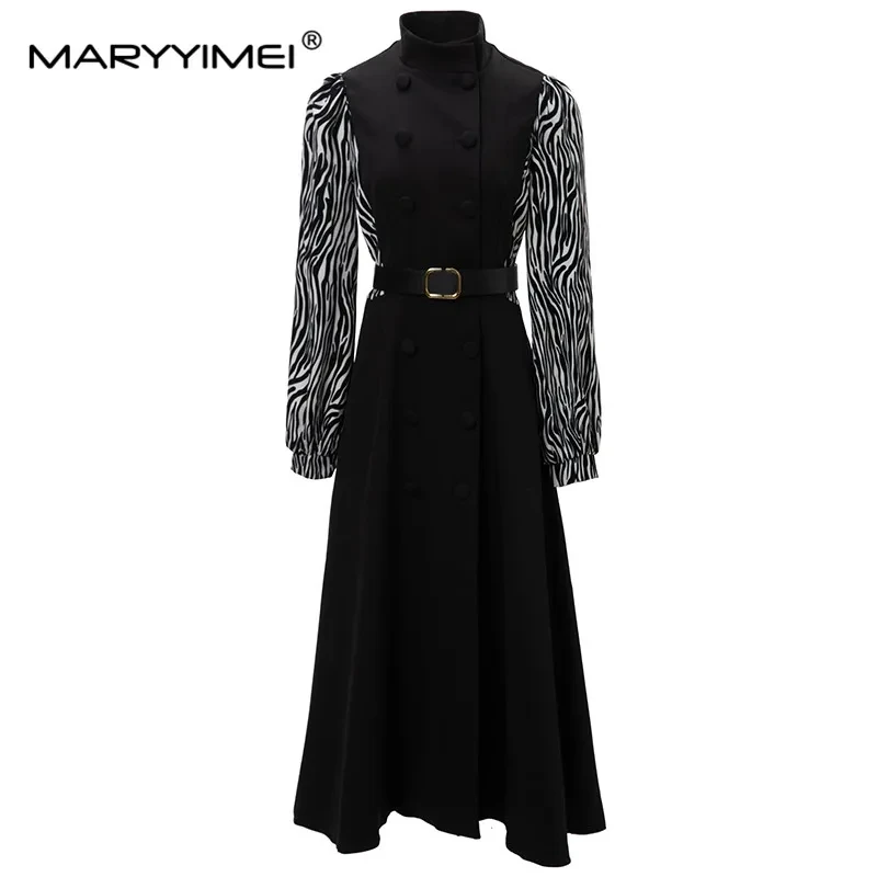 

MARYYIMEI New Fashion Runway Designer Women's Standing Collar Long Sleeved Zebra Patterned Detachable Waistband Black Dress