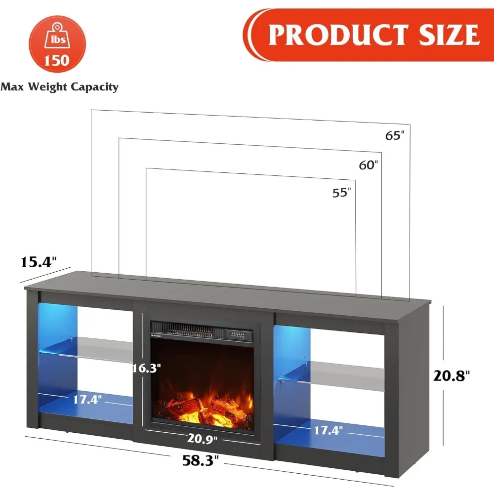 Fireplace TV Stand with LED Lights & Glass Shelves, Modern Entertainment Console 58 Inch TV Console - Image 2