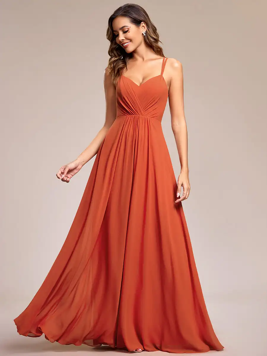 

Elegant Evening Dresses V-neck pleated desigh Backless Hidden zipper 2024 of A-line Burnt Orange Lace Chiffon Bridesmaid Dresses