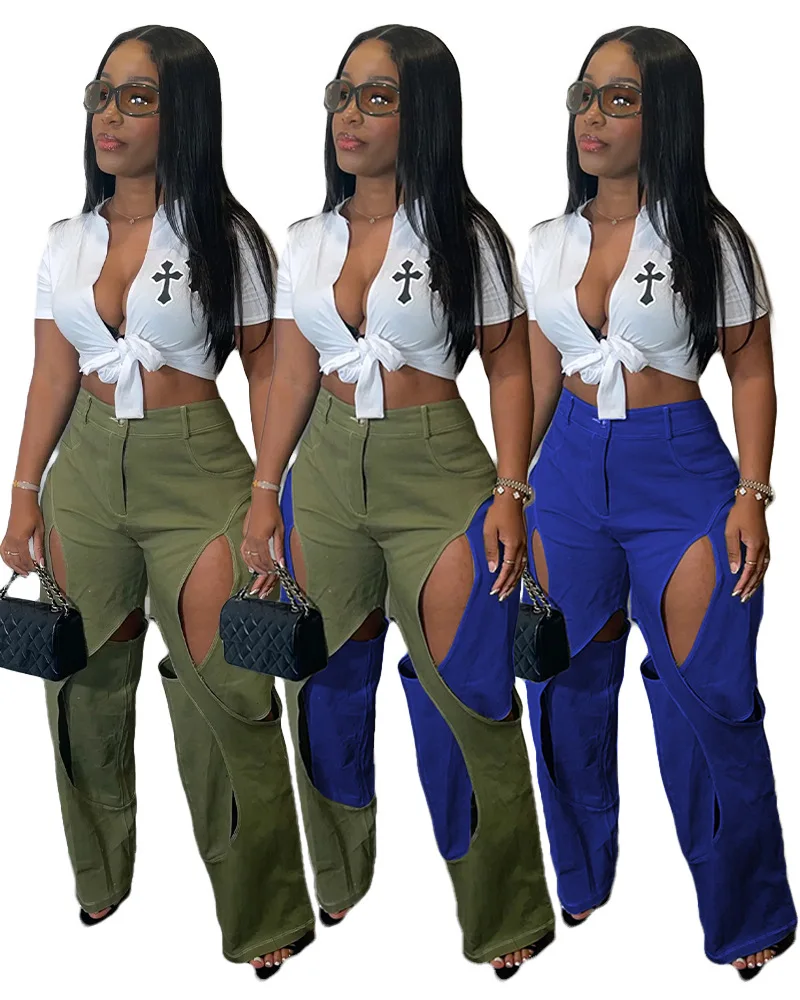 

Fashion Women High Waist Zipper Fly Criss Cross Hollow Out Straight Pants 2023 Street Cargo Trousers Casual Y2K Matching Bottoms