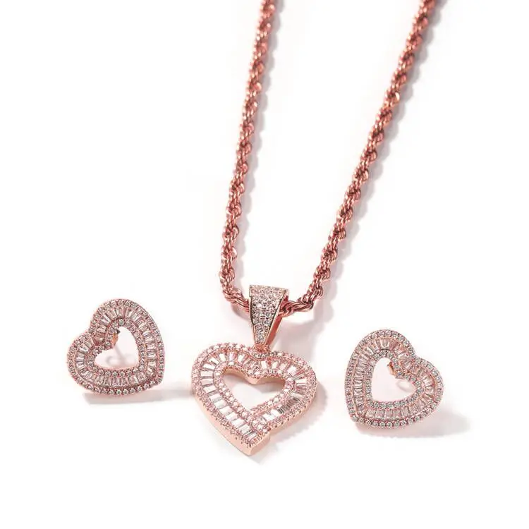 THE BLING KING BaguetteCZ Hollow Heart Jewelry Set Full Iced Cubic Zirconia Love Style Earrings Pendant Necklace Women Jewelry
