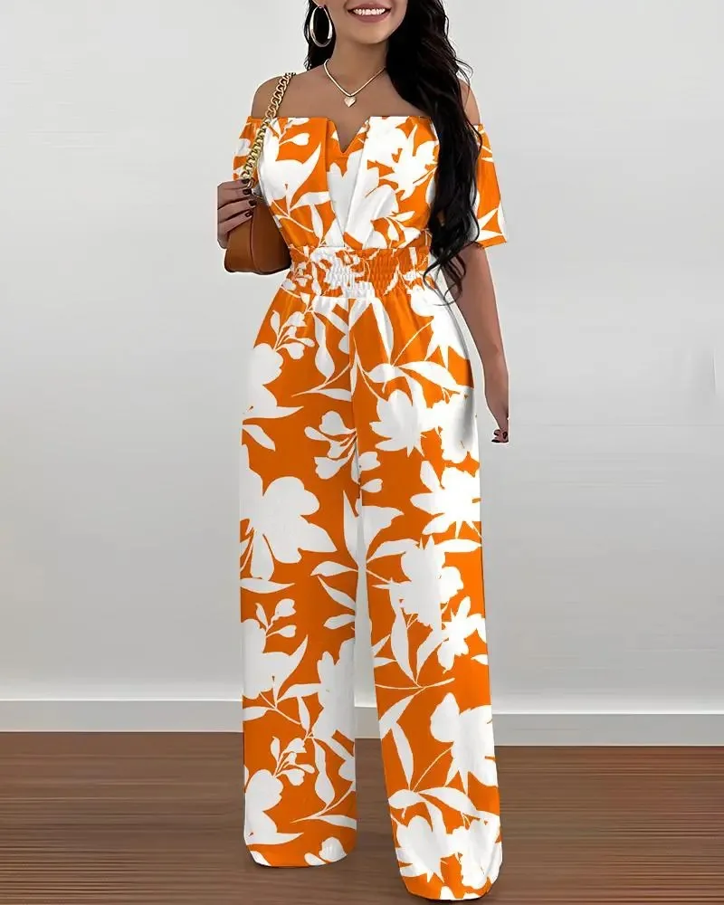 Sexy Off Shoulder Print Jumpsuit Women Loose Wide Legs Trousers Ladies One Pieces Full Length For Women Jumpsuit 2023 Summer New