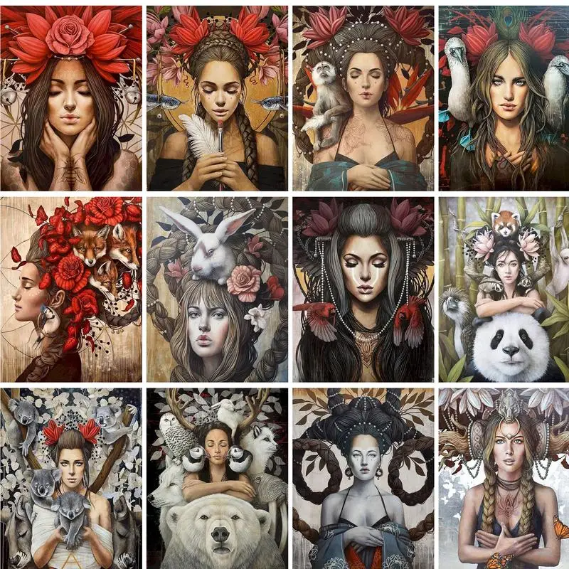 GATYZTORY Classical Painting By Numbers Woman And Flowers Animals Gift Handicrafts Wall Art Picture Drawing Fantasy Frame Paint