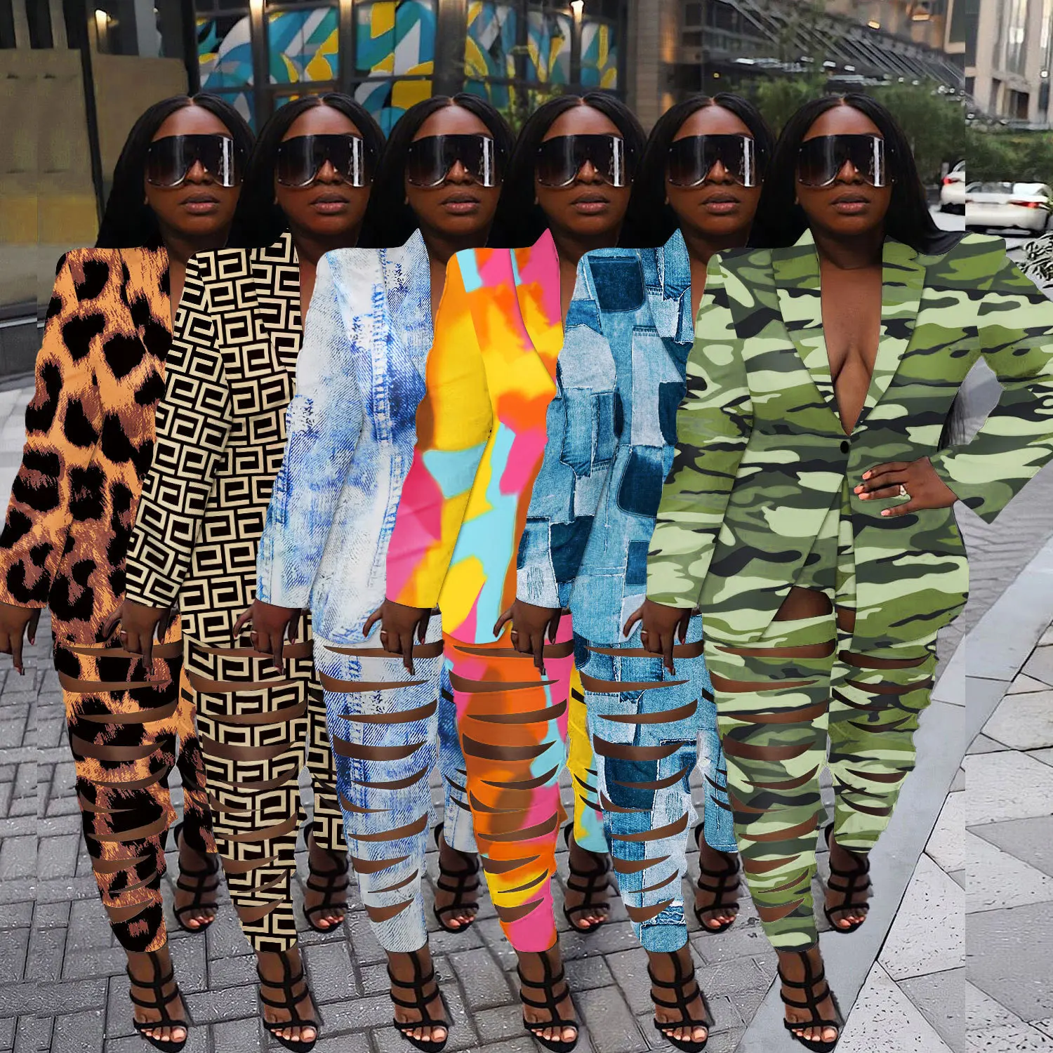 

2023 Fashion Camouflage Print Design Coat Women Autumn Long Sleeve Blazer Set Casual Ladies Tops