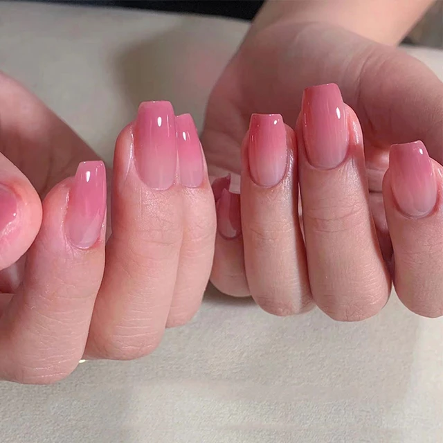 Hot Pink square Glitter Press on Nails with glue kawaii