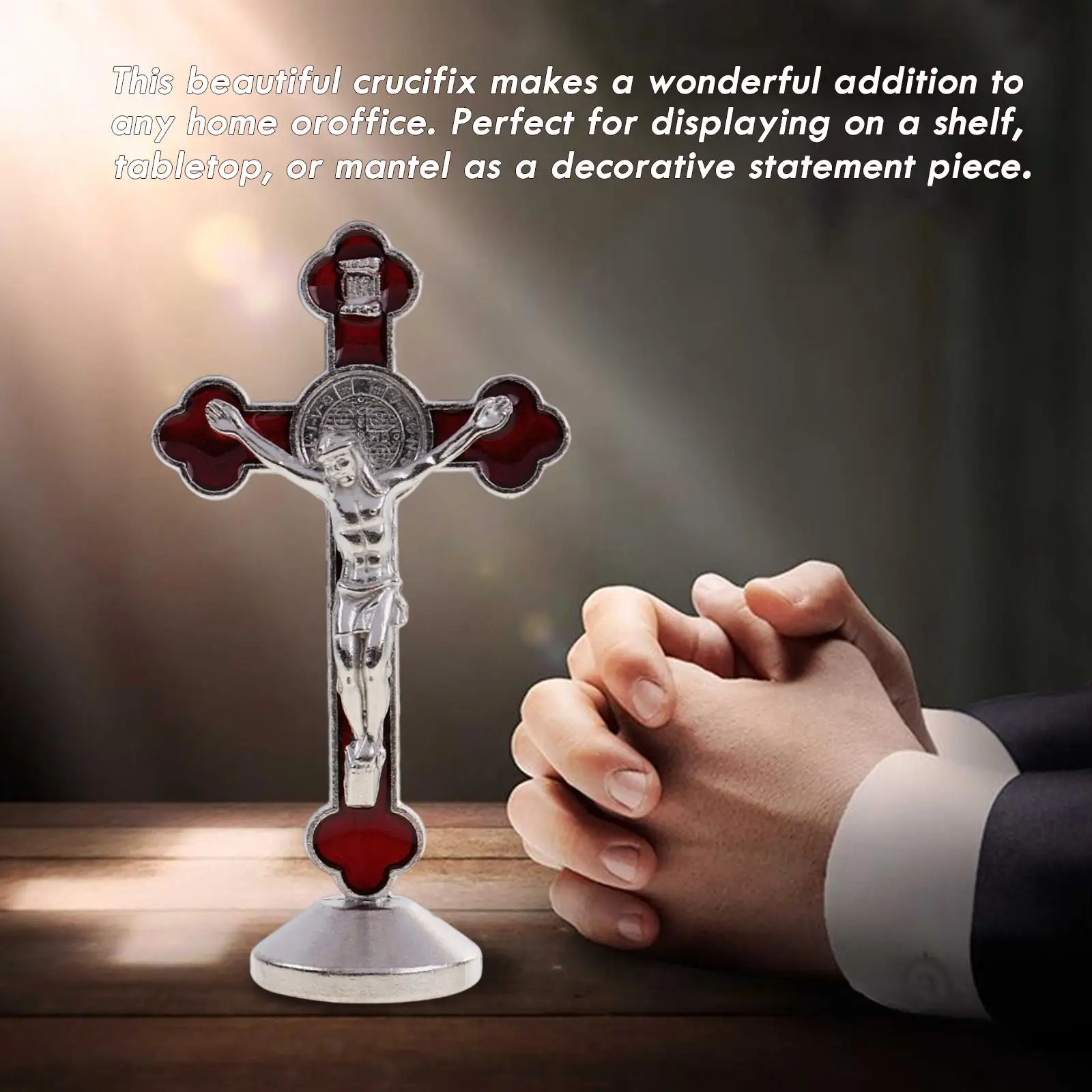 Catholic Crucifix Statue St Benedict Standing Alloy Cross Sculpture for Religious Items Home Decor