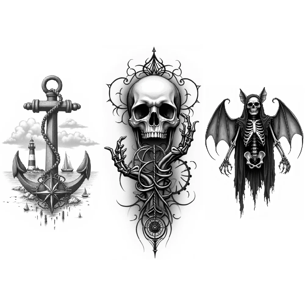 3 uds tatuaje temporal negro y gris Realismo calavera de ciervo con  mariposa pájaro esquelético con sombrero calavera con rosas para brazos -  AliExpress, image size:1000x1000