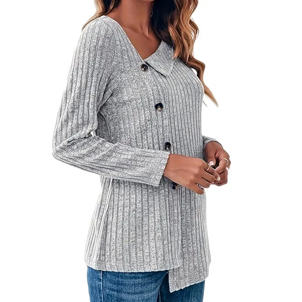 

Women Top Elegant Slant Neck Knitted Sweater Blouse for Women Stylish Irregular Single-breasted Buttons Soft Elastic for Fall