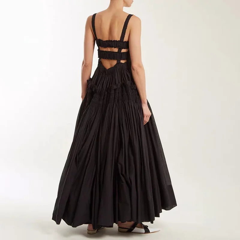 

Women's Elegant Party Dress, Pleated Hanging Straps, Long Midi Dresses, Summer Clothing, New Fashion, 2024