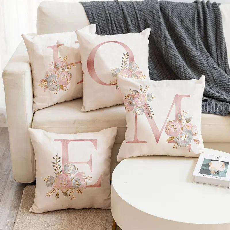 

Pink Flower Letters HOME Pattern Printed Soft Square Pillowslip Linen Blend Cushion Cover Pillowcase Living Room Home Decor
