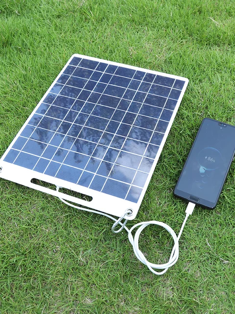 30W 5V Portable Solar Panel Polysilicon Solar Cell Panel Dual USB Ports Solar Plate with 2 Carabiners for Outdoor Camping Hiking 5