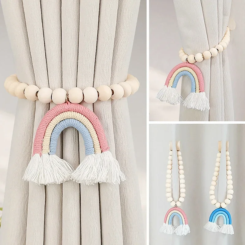 Boho Bead Garlands Curtain Tiebacks Rainbow Tassel Wood Bead Curtain Rope Holdback Farmhouse Holders For Drape Decor 2pc curtain accessories curtain tiebacks
