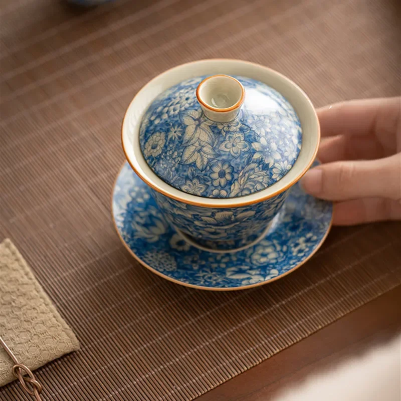 130ml Chinese Antique Ru Kiln Flowers Tea Tureen Covered Bowl Ceramic Gaiwan Teacup Household Tea Separator Travel Teaware