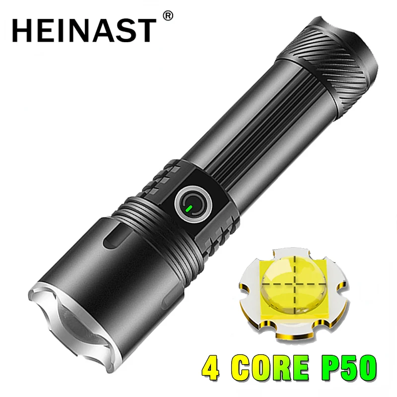 

4 Core LED Zoom Flashlight XHP50 Powerful Tactical Torch Type-C18650 Rechargeable Lamp with Power Indicator For Hunting Fishing
