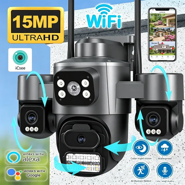 Caméra de sécurité 15MP avec protocole ICSEE, 3 écrans HD, suivi automatique, vision nocturne couleur, audio bidirectionnel, caméra CCTV WiFi extérieure 1
