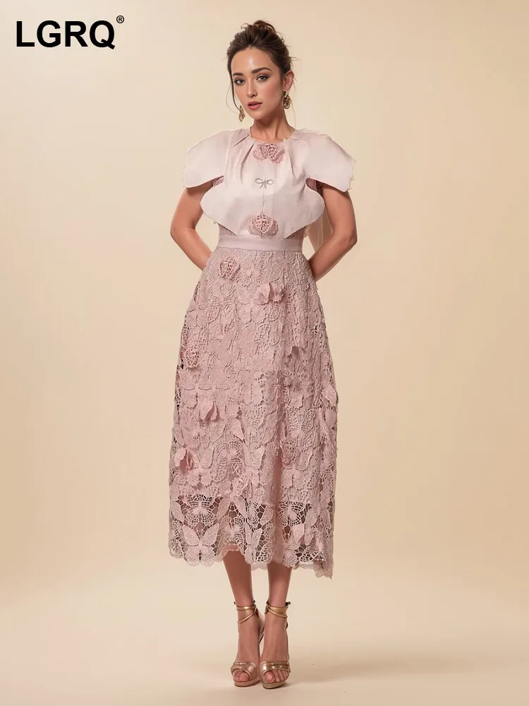 

LGRQ Women's 3D Lace Embroidery Design Dress Fashion Hollow Out Sleeve Round Neck High Waist Elegant Dresses 2024 Summer New