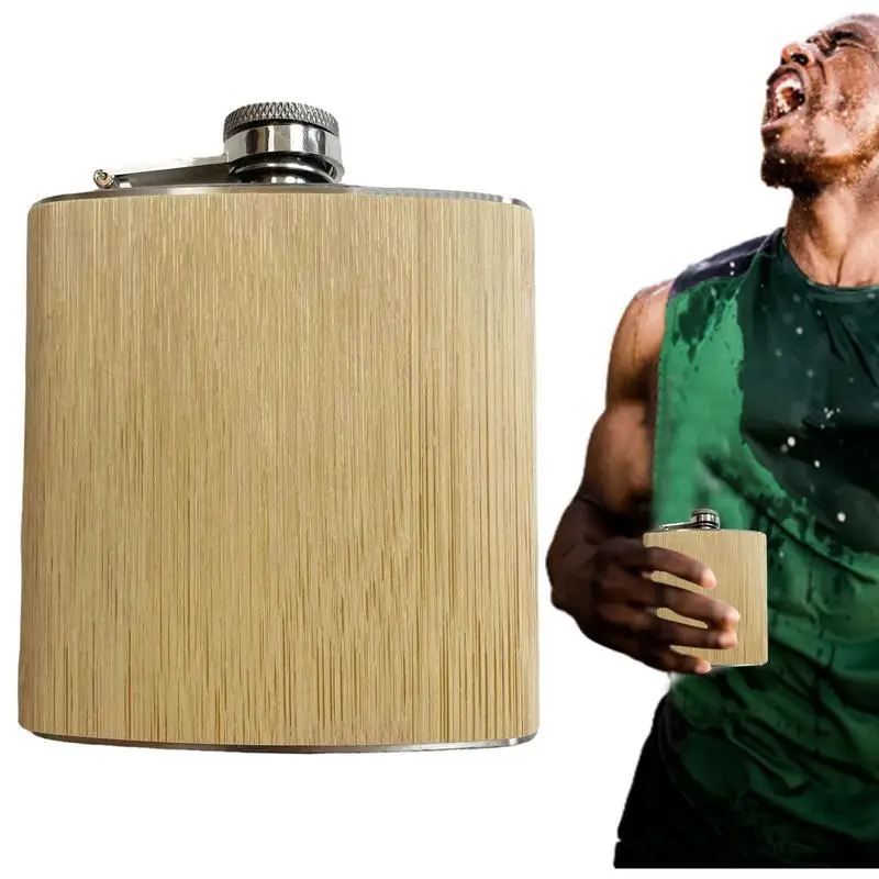 

Portable Vintage Hip Flask Wood Grain Leather Whiskey Stainless Steel Flagon for Travel Elegant Bottle Drinkware Wine Cup