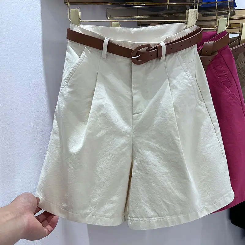 Women's Denim Shorts High Waist Short With Belt Blue Red Khaki Casual Cotton Solid Loose Casual Bermuda Summer Shorts For Women