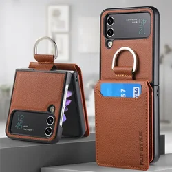 Magnetic Leather Wallet Case with Card Slot and Kickstand for Galaxy Z Flip5 (Brown)