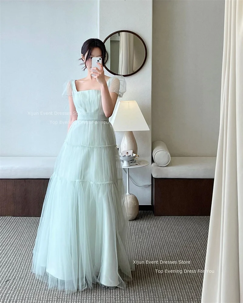 Xijun Fairy Tulle a 라인 웨딩 드레스 퍼프 반팔 댄스 파티 드레스 한국 2023 여성을위한 바닥 길이 신부 파티 드레스