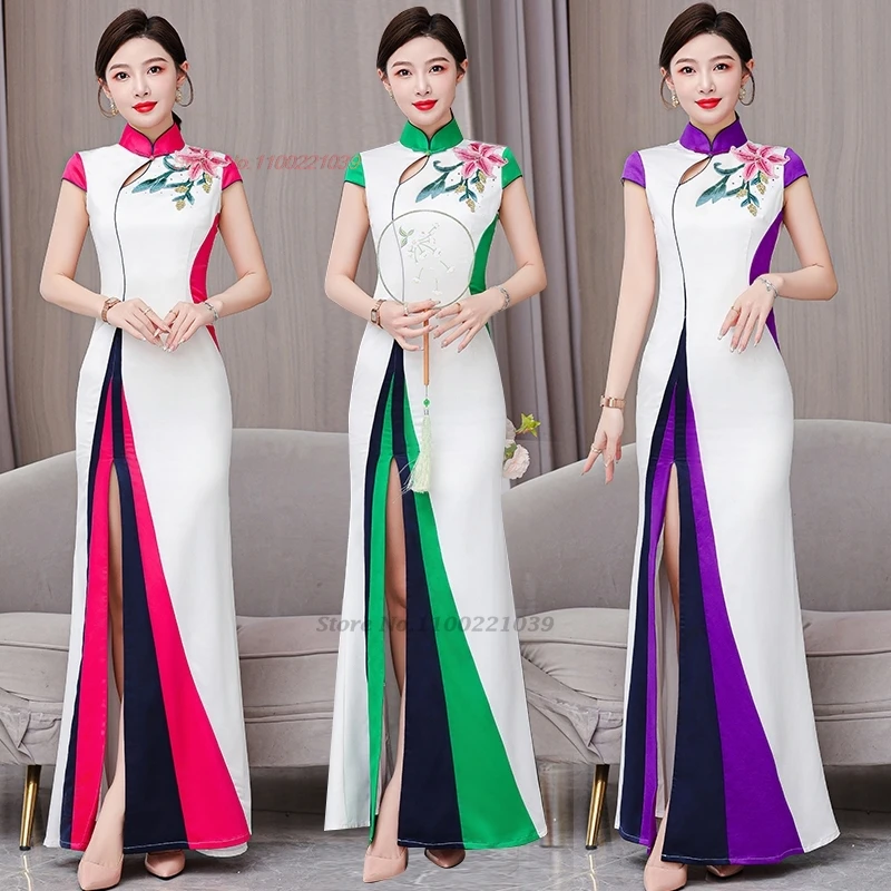 

2024 chinese vintage dress improved cheongsam qipao national flower embroidery evening banquet qipao stage performance dress
