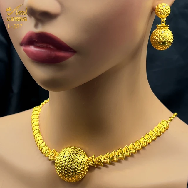 Dubai Indian African Bead Necklace Earrings Jewelry Set For Women 24K Gold Plated Nigeria Bridal Wedding Party Gift Jewellery 6