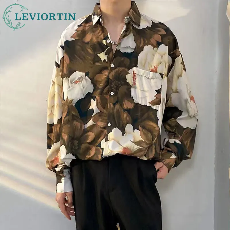 Korean Version Mens Vintage Long Sleeve Dress Shirt Trend Couple Hawaiian Loose Flower Print Blouses Shirt Mens Designer Clothes