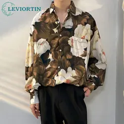 Korean Version Mens Vintage Long Sleeve Dress Shirt Trend Couple Hawaiian Loose Flower Print Blouses Shirt Mens Designer Clothes