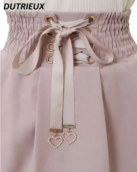 Japonský dobývat dvojitý motýl splétání textilních materiálů spona kůže prsten vysoký pás sukně šortky ženy 2023 léto sladké růžová krajka plisované sukně