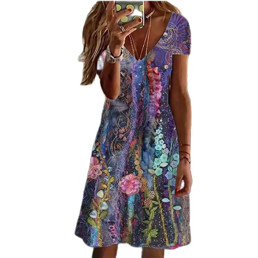 

Women's Street Casual Short Sleeved Dresses Summer Young Girl V-neck Floral Print Dress Female Beach Y2K Vestidos Verano