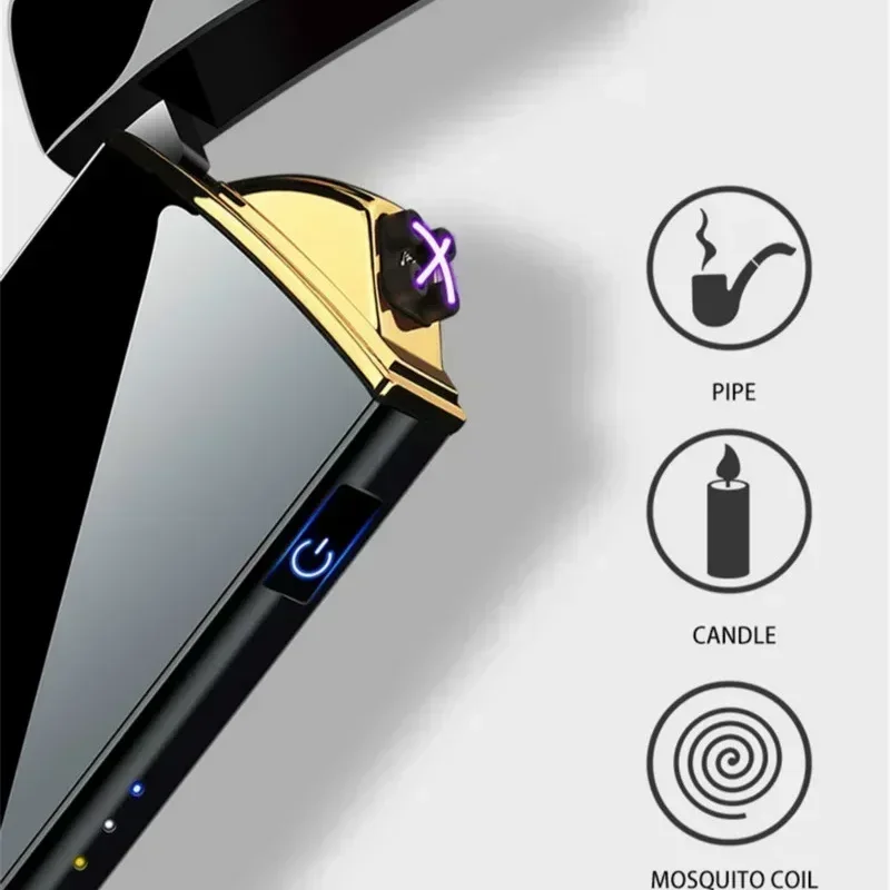 Electric Windproof Metal Lighter Double Arc Flameless Plasma Rechargeable USB Lighter LED Power Display Touch Sensor Lighters electric arc igniter