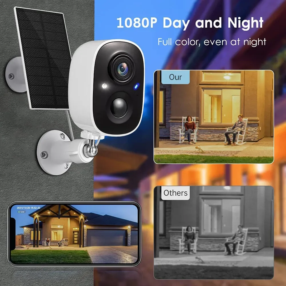 태양열 야외 배터리 구동 보안 카메라, 1080P Tuya IP 카메라, PIR 모션 감지, 야간 투시, P2P 감시 IP 카메라