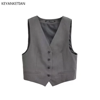 KEYANKETIAN 여성용 V넥 싱글 로우 패스너, 다크 그레이 슬림 숏 스타일 조끼, 심플한 스타일, 외출용 민소매 상의, 얇은 신상