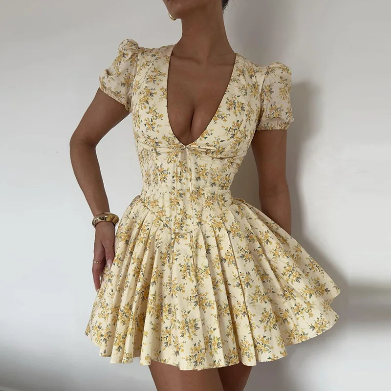 

2024 Ladies Elegant Chic Party Vestidos Fashion Flower Print Mini Dress For Women Sexy V-neck High Waist Slim A-line Dresses