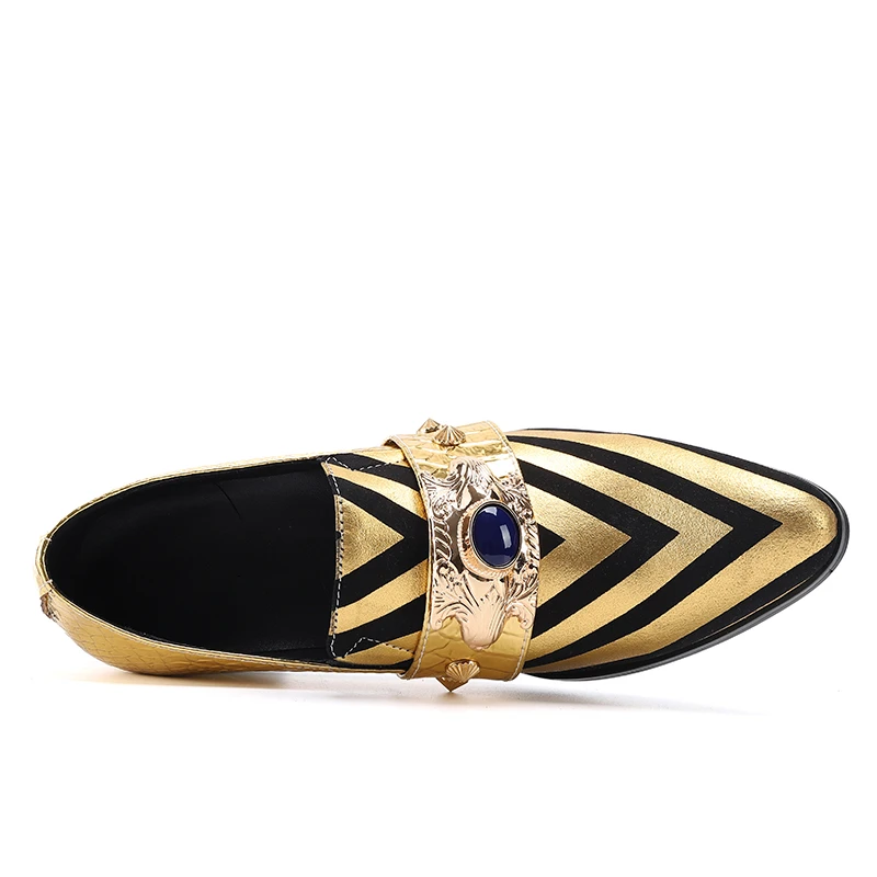 Plus Size Men's Gold Leather Shoes with Rivets and Stripes High-heeled Monk Strap Formal Shoes Club Party Leather Formal