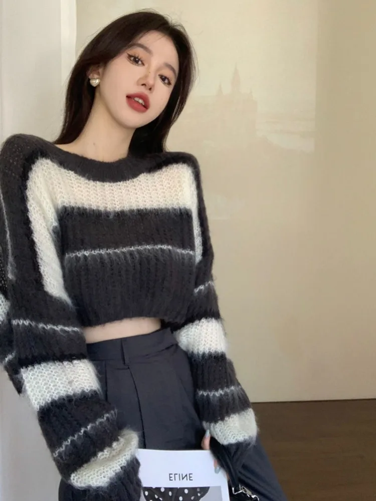 

Deeptown Grey Striped Crop Sweater Women Korean Fashion Vintage Harajuku Pullover Streetwear Y2k Pulls Long Sleeve Tops Autumn