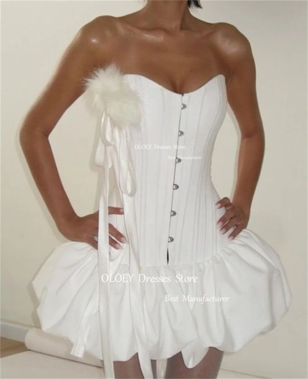 OLOEY Sweethart Ivory Short Cocktail Dress Pleats Satin Sleeveless Wedding Dress Flffuy Feather Ball Wedding Party Custom
