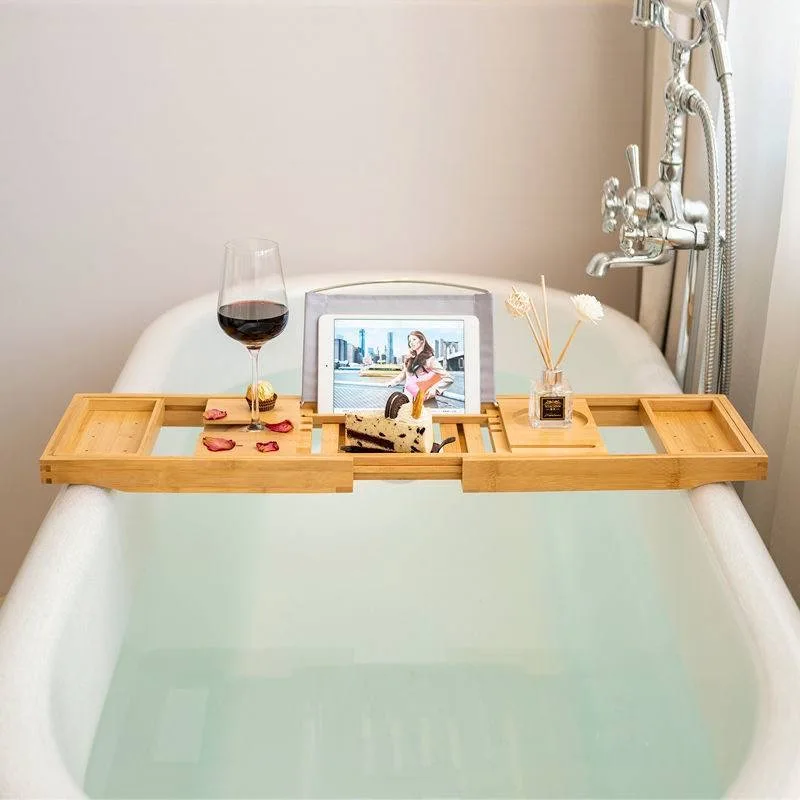 Bamboo Bathtub Caddy with Non-Slip Tray Extendable Spa Organizer for Tub/Wooden Bucket Waterproof Multi-Functional Bath Shelf