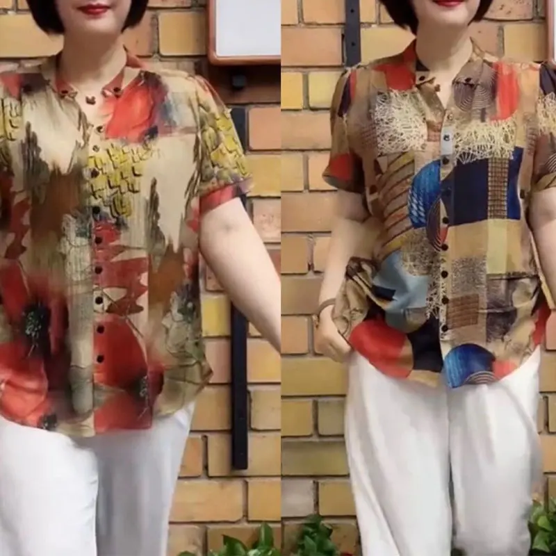 

2023 Vintage Geometric Printed Blouse Floral Summer Thin Stylish Single-breasted Round Neck Female Clothing Loose Casual Shirt