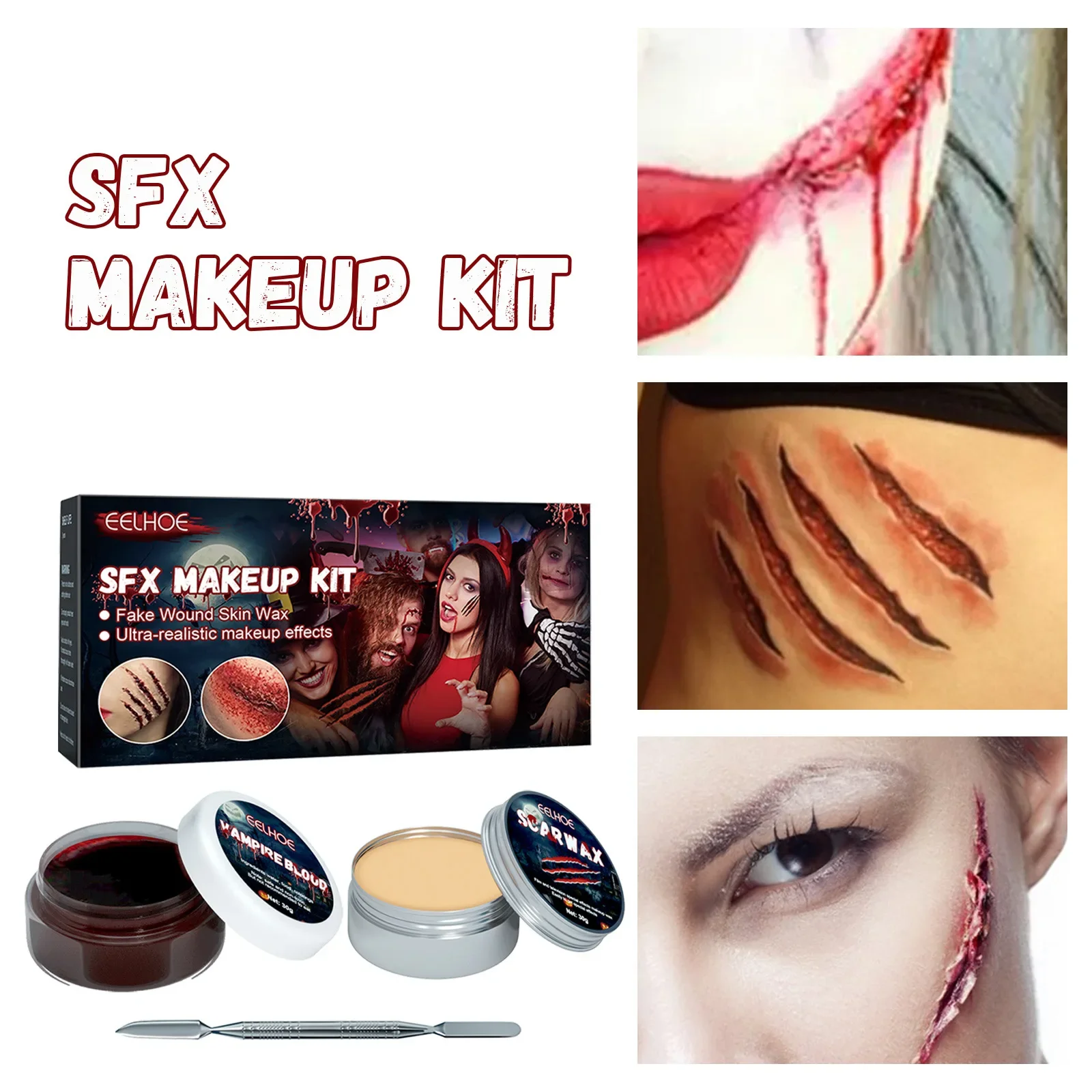Makeup Kit with Fake Blood Gel Wound Cosmetic with Double-Ended Scraper Wound Simulation Supplies for Stage Dress Up Cosplay 2