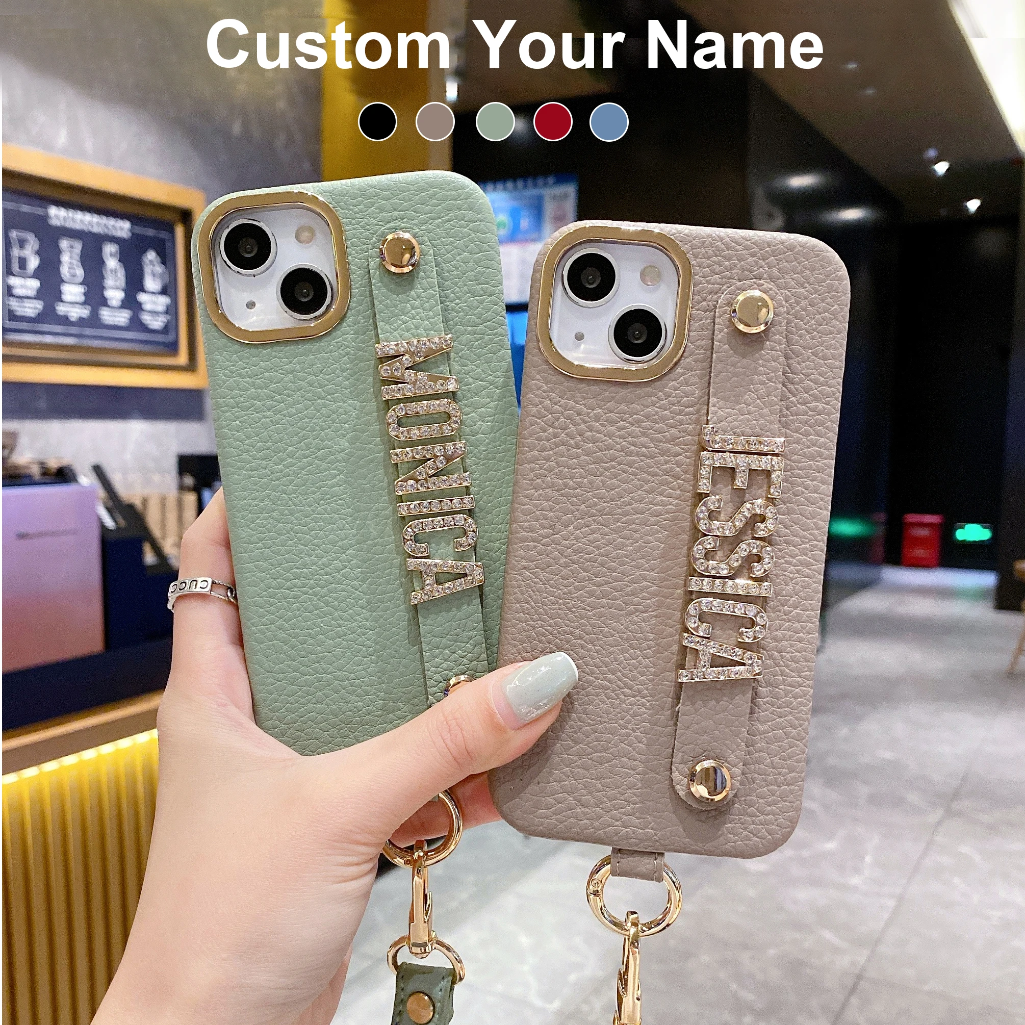 

Personalise Name Strap PU Lychee Leather Phone Case For iPhone11 12 13 14 15Pro Max Plus Lanyard Diamond Metal Letter Cover