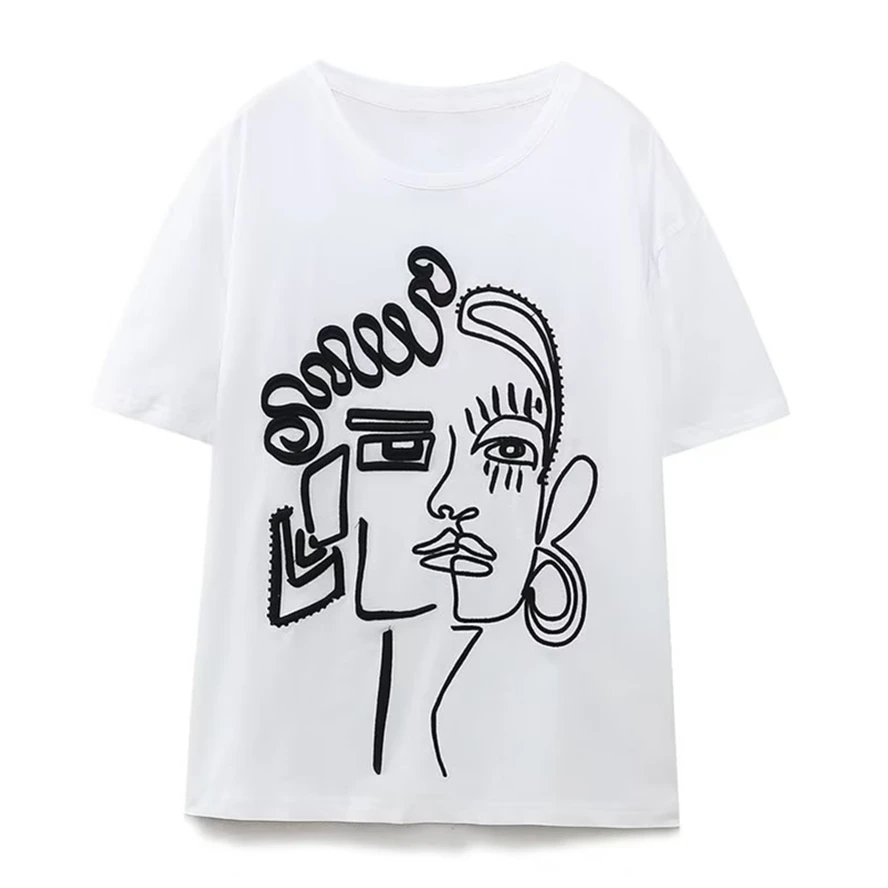 

Maxdutti High Street Casual Short Sleeve Summer Fashion Ladies Abstract Girl Face Print Round Neck Cotton Top T-Shirt Women