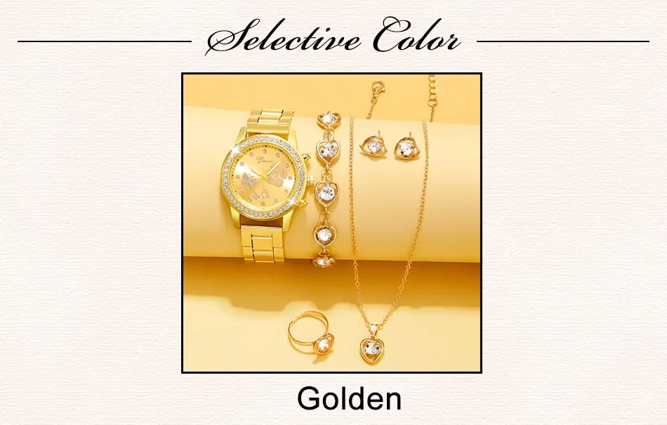 Sfcf7b2b9b53146729f5a13c3cb49badbq 6PCS Set Gold Luxury Watch Women Ring Necklace Earring Rhinestone Fashion Wristwatch Casual Ladies Bracelet Watches Montre Femme Mallzona