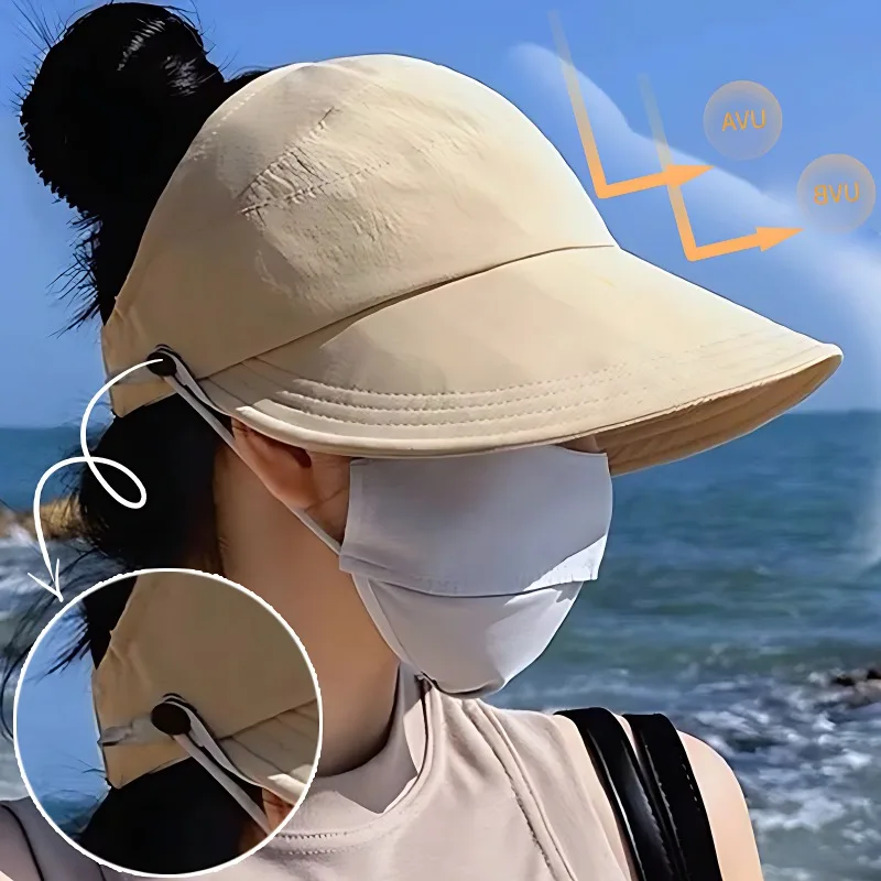 Women Sun Hats Foldable Adjustable Outdoor Beach Bucket Hat UV Protection Visors Fisherman Ponytail Caps