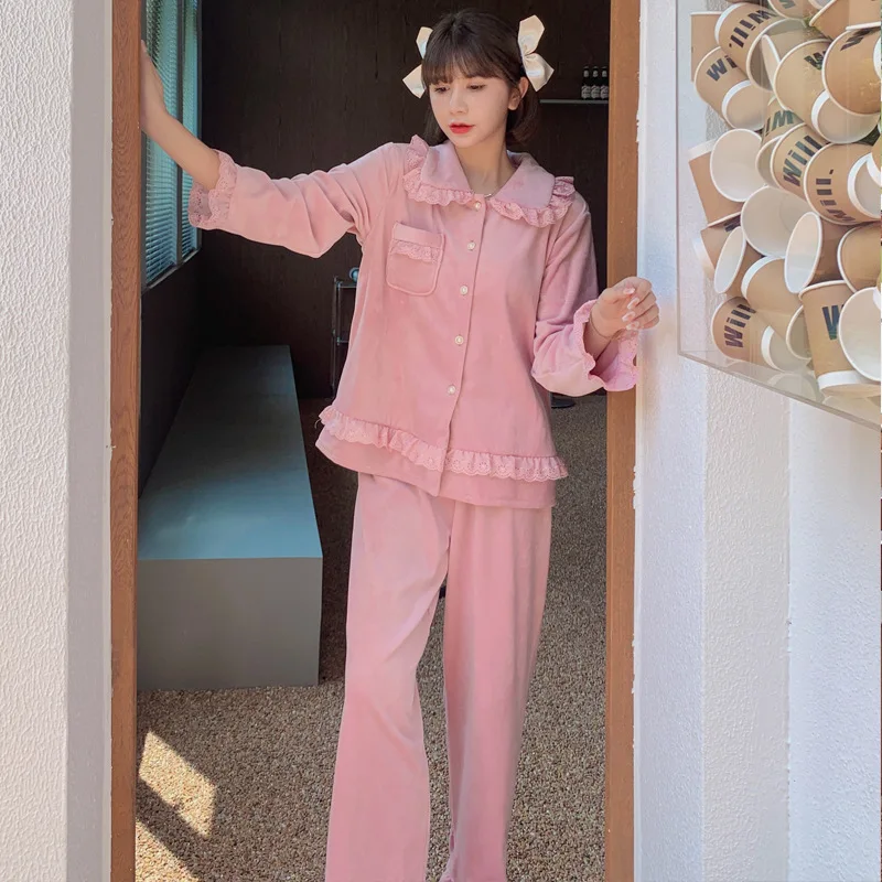 

Long Sleeve Nightwear Pajamas Set Island Fleece Doll Collar Shirt Pant Sleepwear Sleep Suit Lace 2Pcs Autumn and Winter