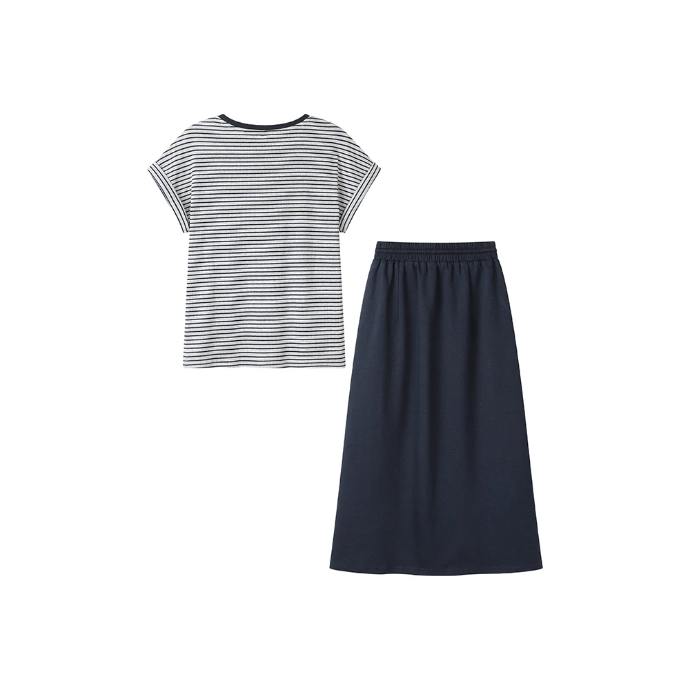 Summer Women Two-piece Suit New Casual Striped Round Neck T-shirt Short-sleeve High Waist Half Skirt