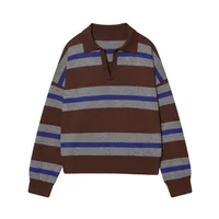 ETJ 2025 Autumn women's new line street style fashion yellow wide stripe polo neck loose version of long-sleeved sweater - Image 6
