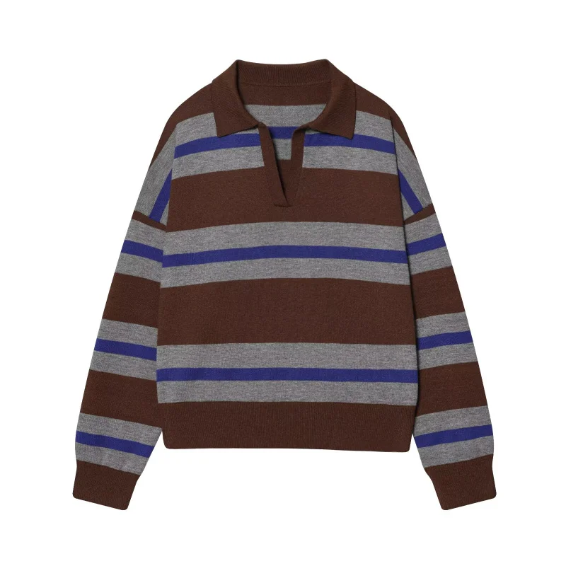 ETJ 2025 Autumn women's new line street style fashion yellow wide stripe polo neck loose version of long-sleeved sweater