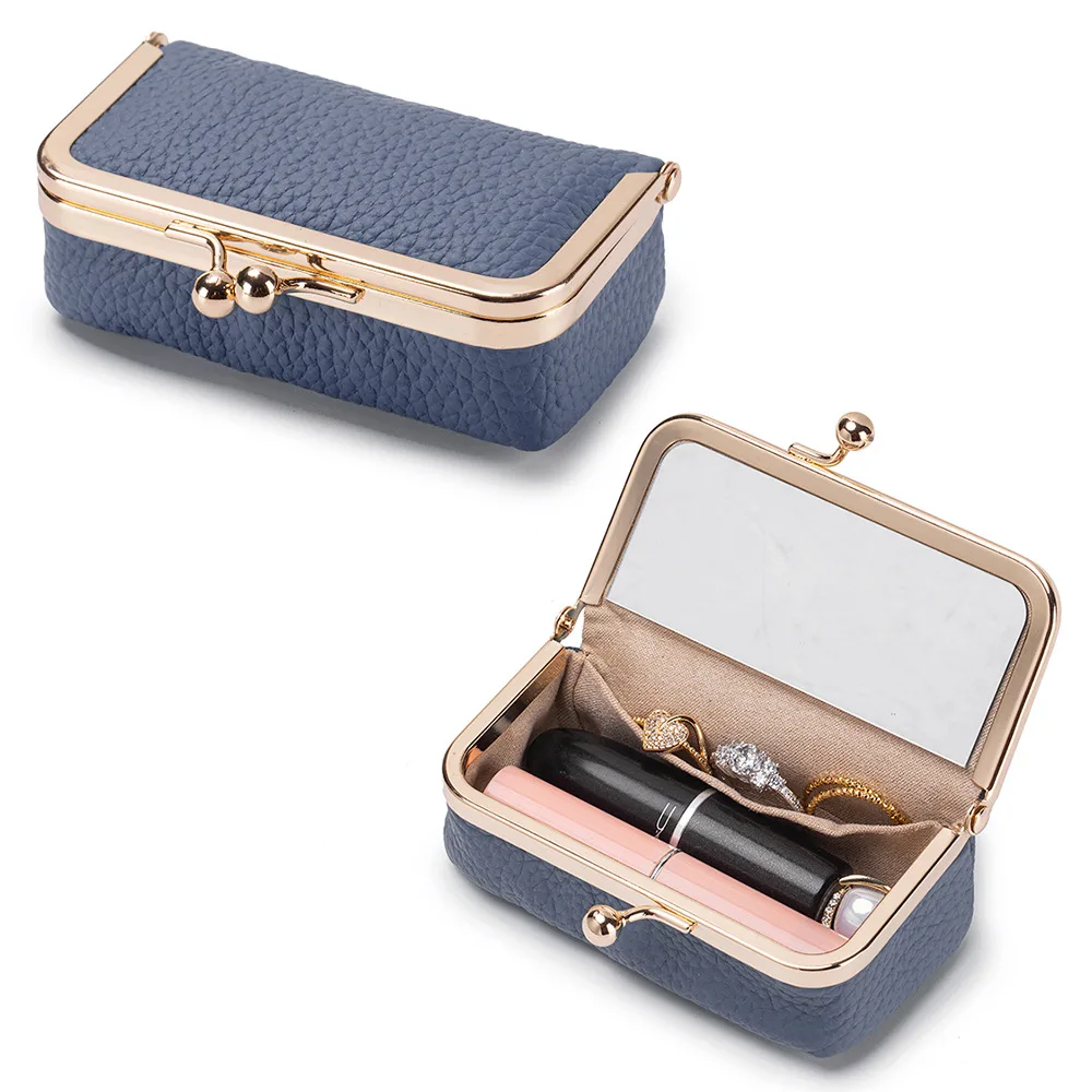 Elegant Litchi Grain Leather Lipstick Holder with Built-in Mirror