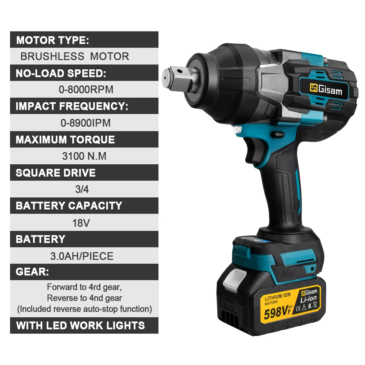 Gisam 3100N.M High Torque Brushless Electric Impact Wrench 3/4 inch Cordless Electric Wrench Power Tools For Makita 18V Battery 4